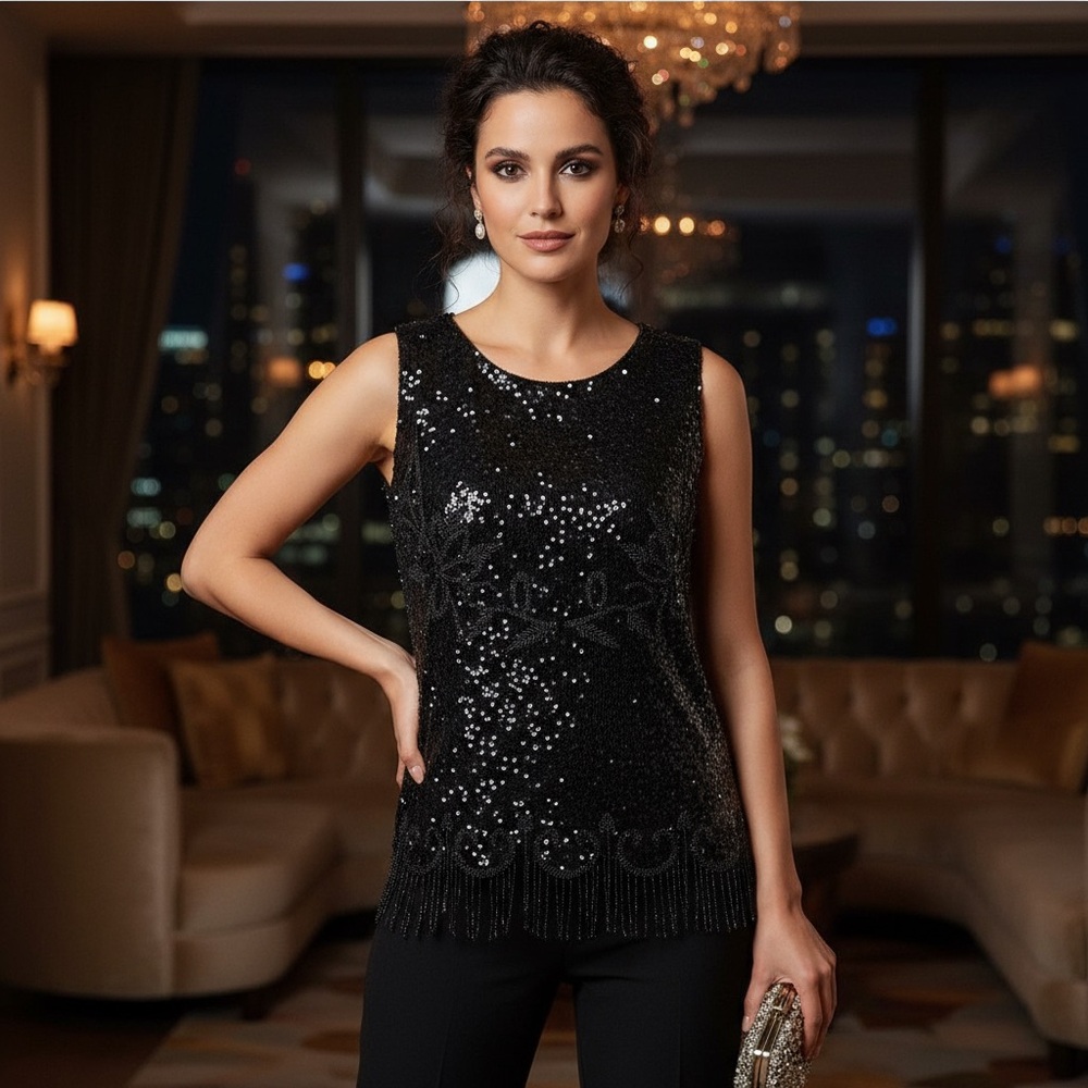 💎Vintage Marianna Fashions Black hand beaded Sleeveless Top beaded fringe 38